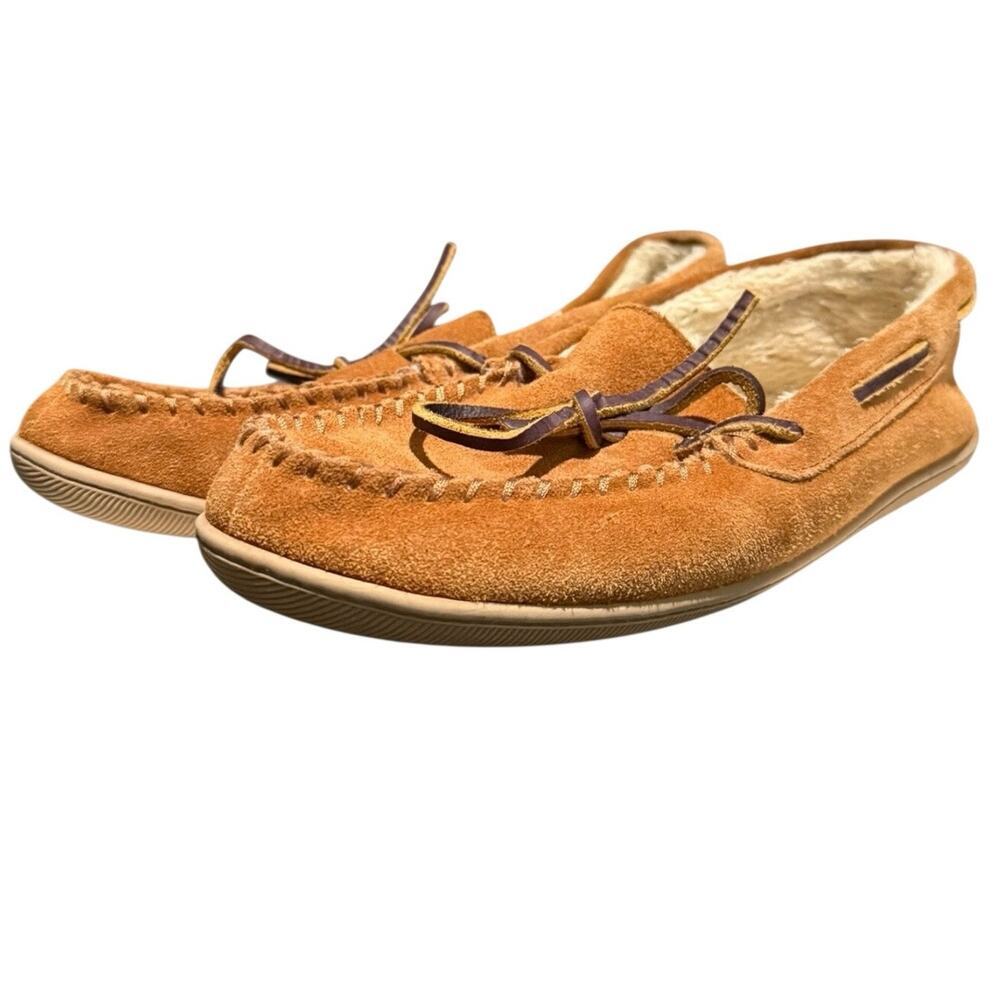 J Crew Suede Faux Shearling Lodge Moccasin Slippers Dark Nutmeg Men’s Size 11